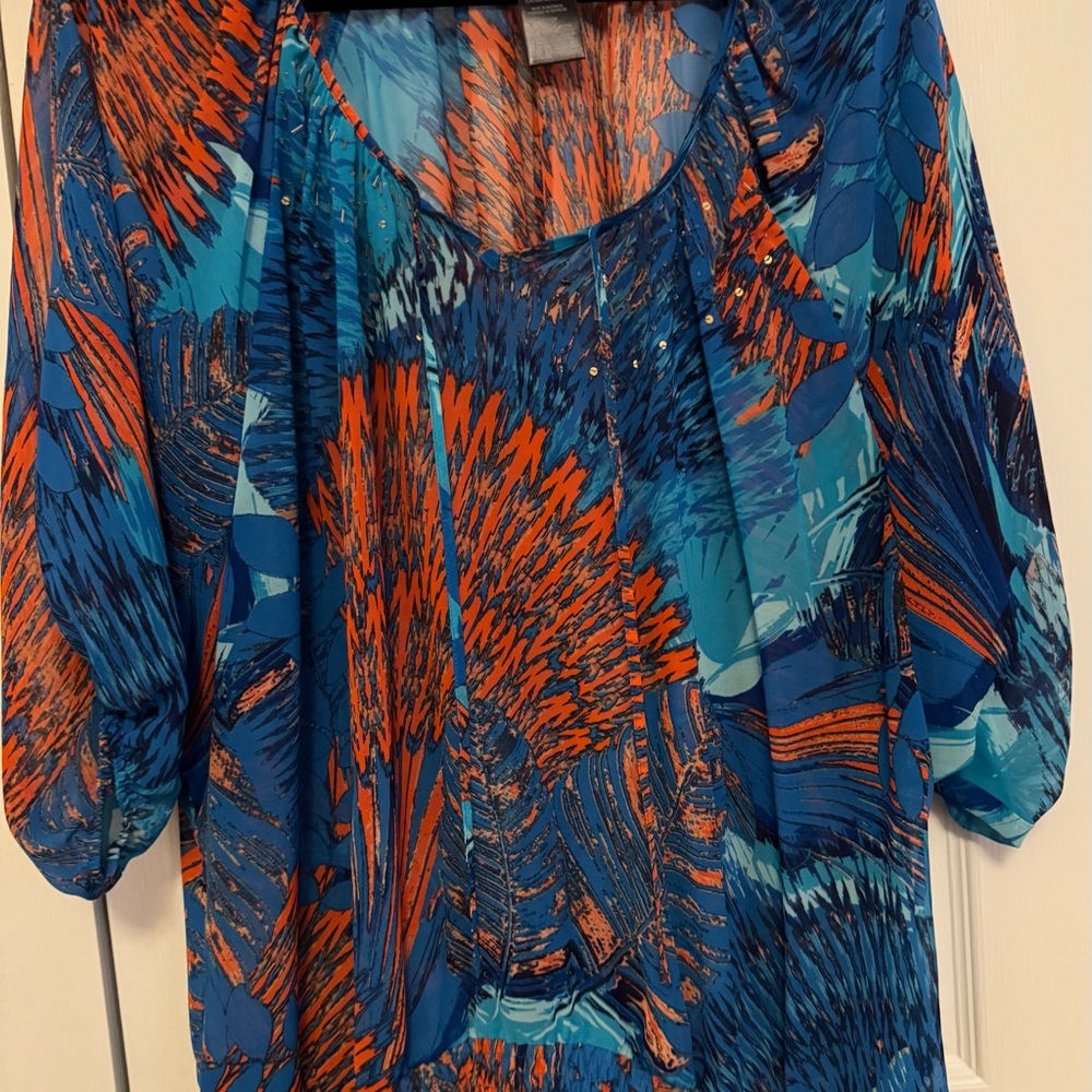Style & Co Graphic Blue and Orange Bishop Sleeve Blouse